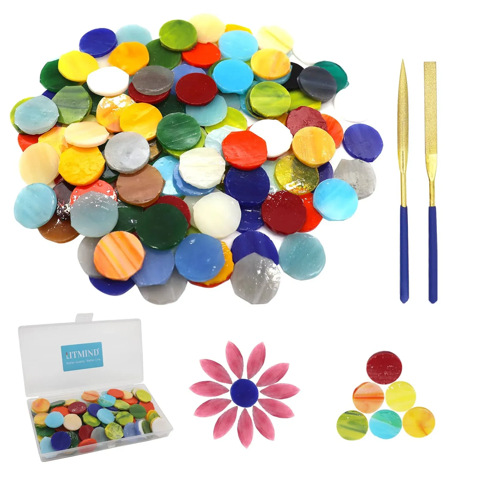 LITMIND 120 Pcs Round Stained Glass Kit, Precut Petal Glass Mosaic Tiles, Staine