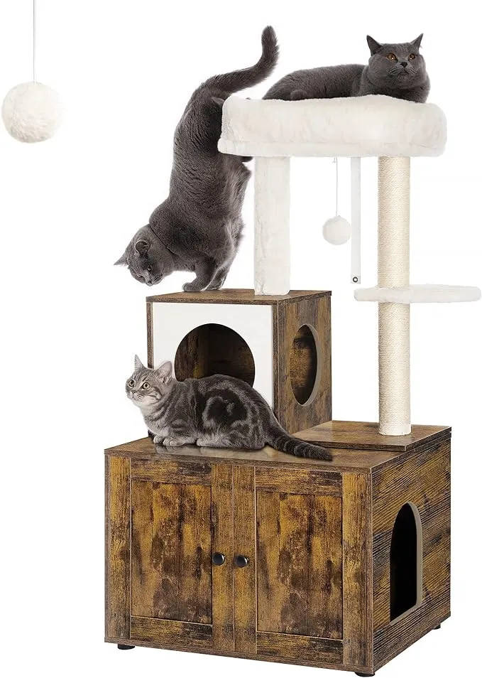 Multipurpose Litter Box Enclosure, Cat Tree and Condo, Side Table, with Large Pl