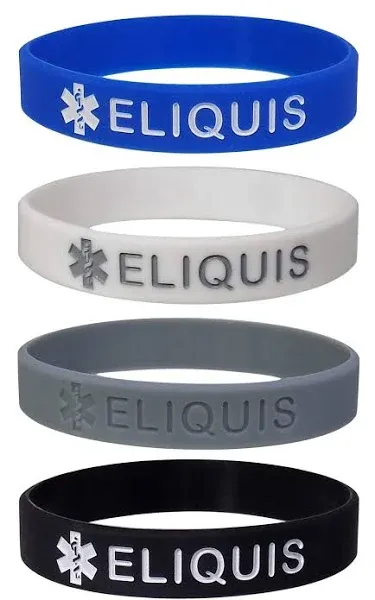 ELIQUIS Medical Alert ID Silicone Bracelets Adult Size (4 Pack)