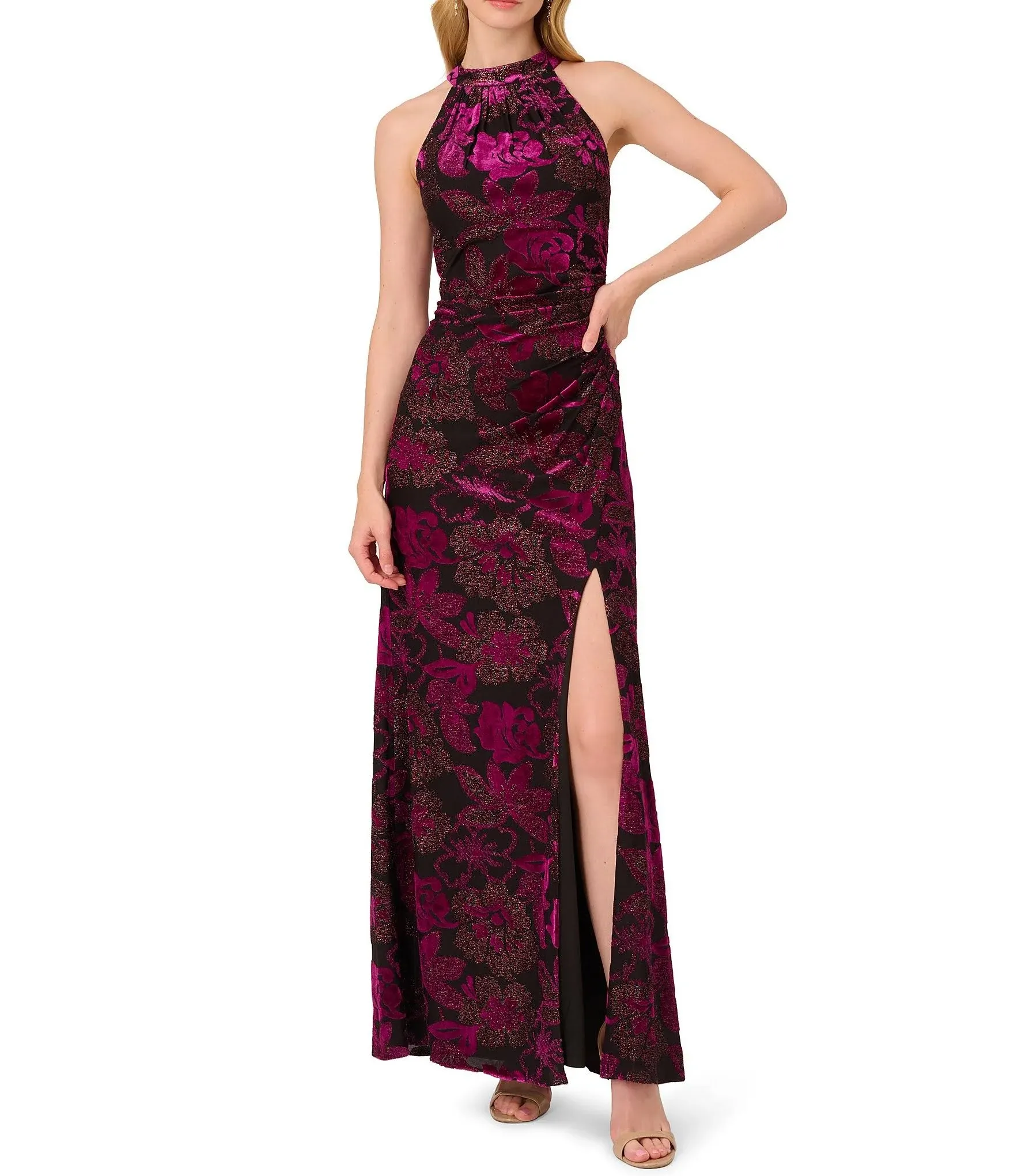 Adrianna Papell Metallic Velvet Long Halter Gown