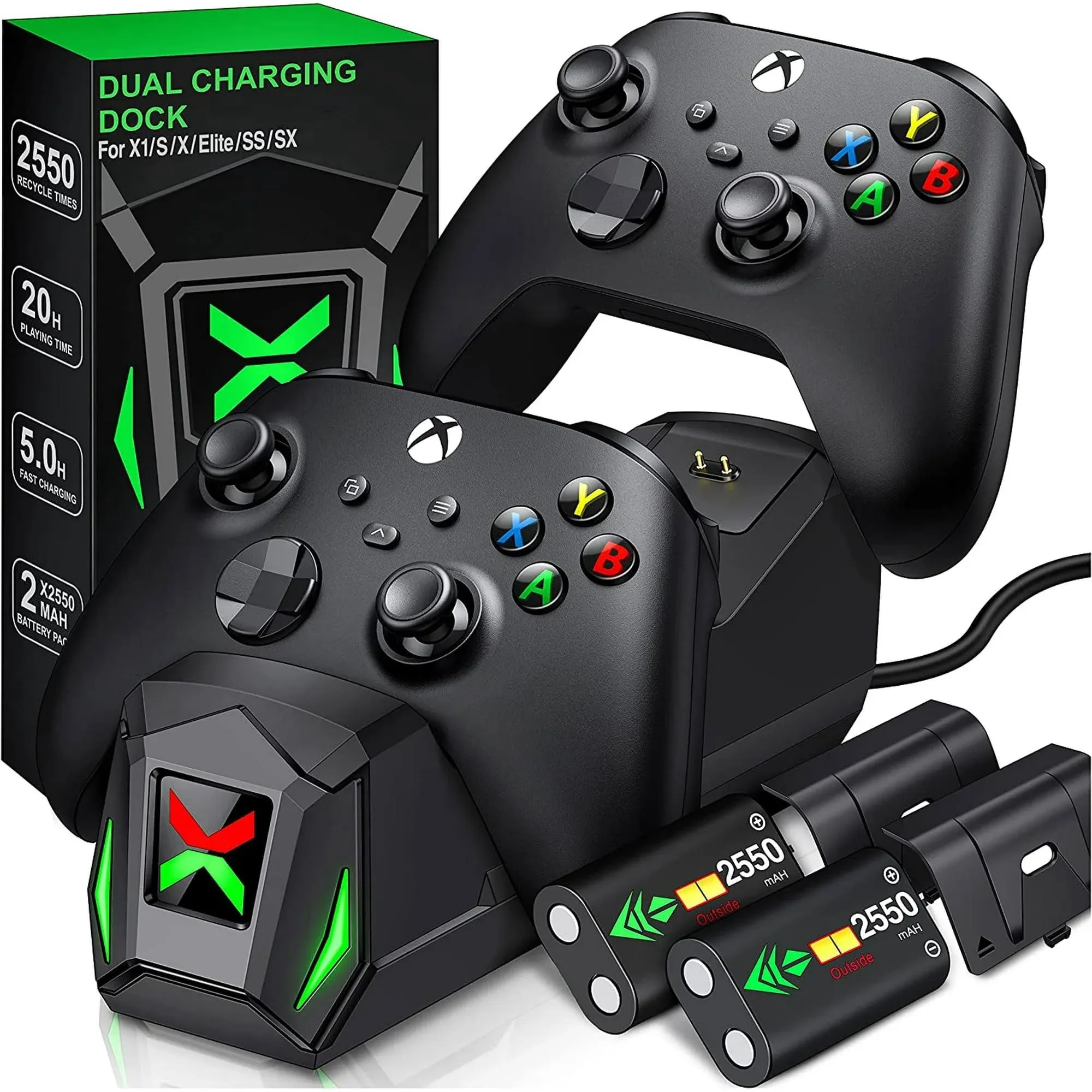 Controller Charger Station with 2x2550mAh Rechargeable Battery Packs for Xbox One/Series X|S Controller, Dual Charging Dock for Xbox One Controller Battery Pack with 4 Battery Covers for Xbox