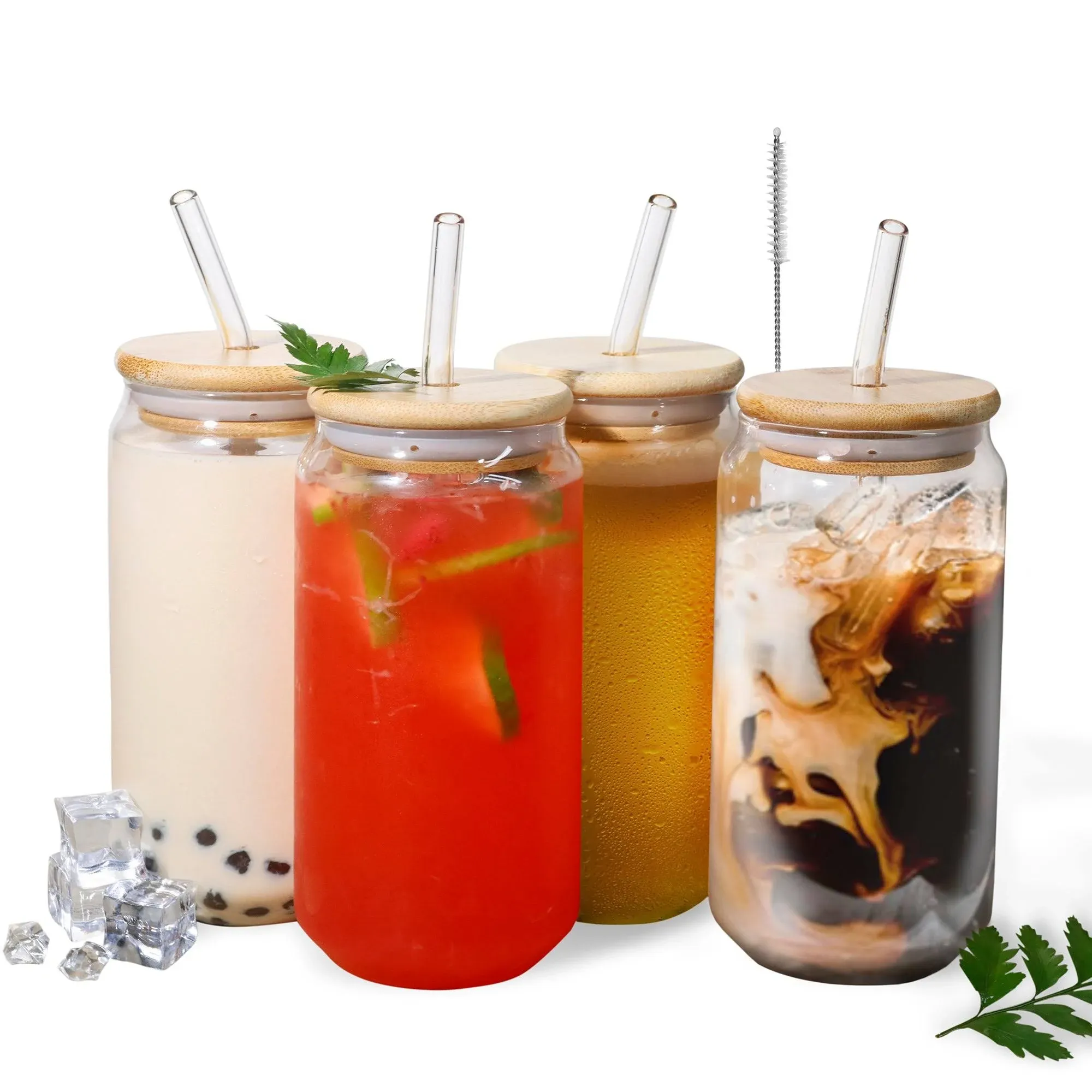 18oz Can Shaped Glass Cups with Bamboo Lids and Glass Straw - 4 Piece Set for Iced Coffee Beer Tea - Gift for Coffee Lovers