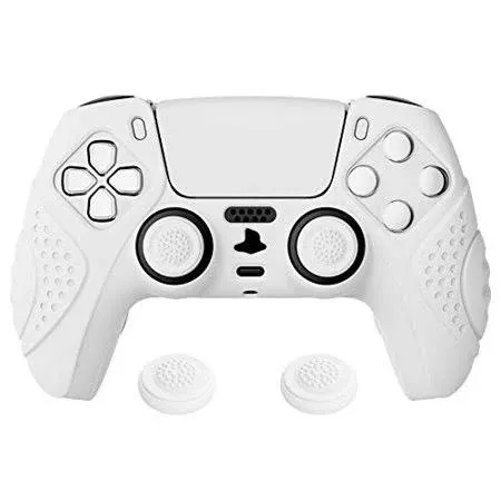 PlayVital Guardian Edition White Ergonomic Soft Anti-slip Controller Silicone Case Cover, Rubber Protector Skins with White Joystick Caps for PS5 Controller - YHPF002