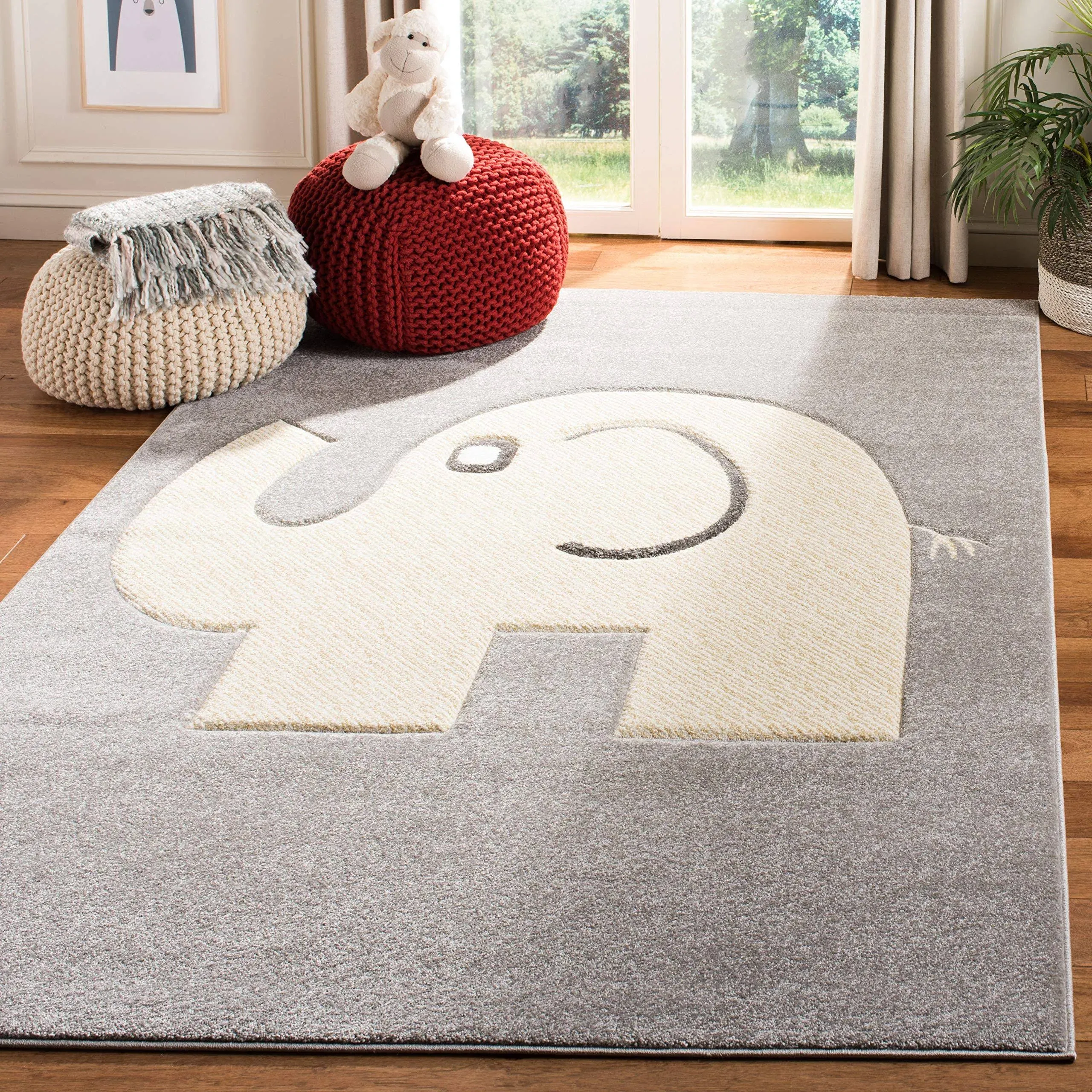 SAFAVIEH Carousel Kids Collection Accent Rug - 4' x 6', Grey & Ivory, Elephant Design, Non-Shedding & Easy Care, Ideal for High Traffic Areas for Boys & Girls in Playroom, Nursery, Bedroom (CRK165B)