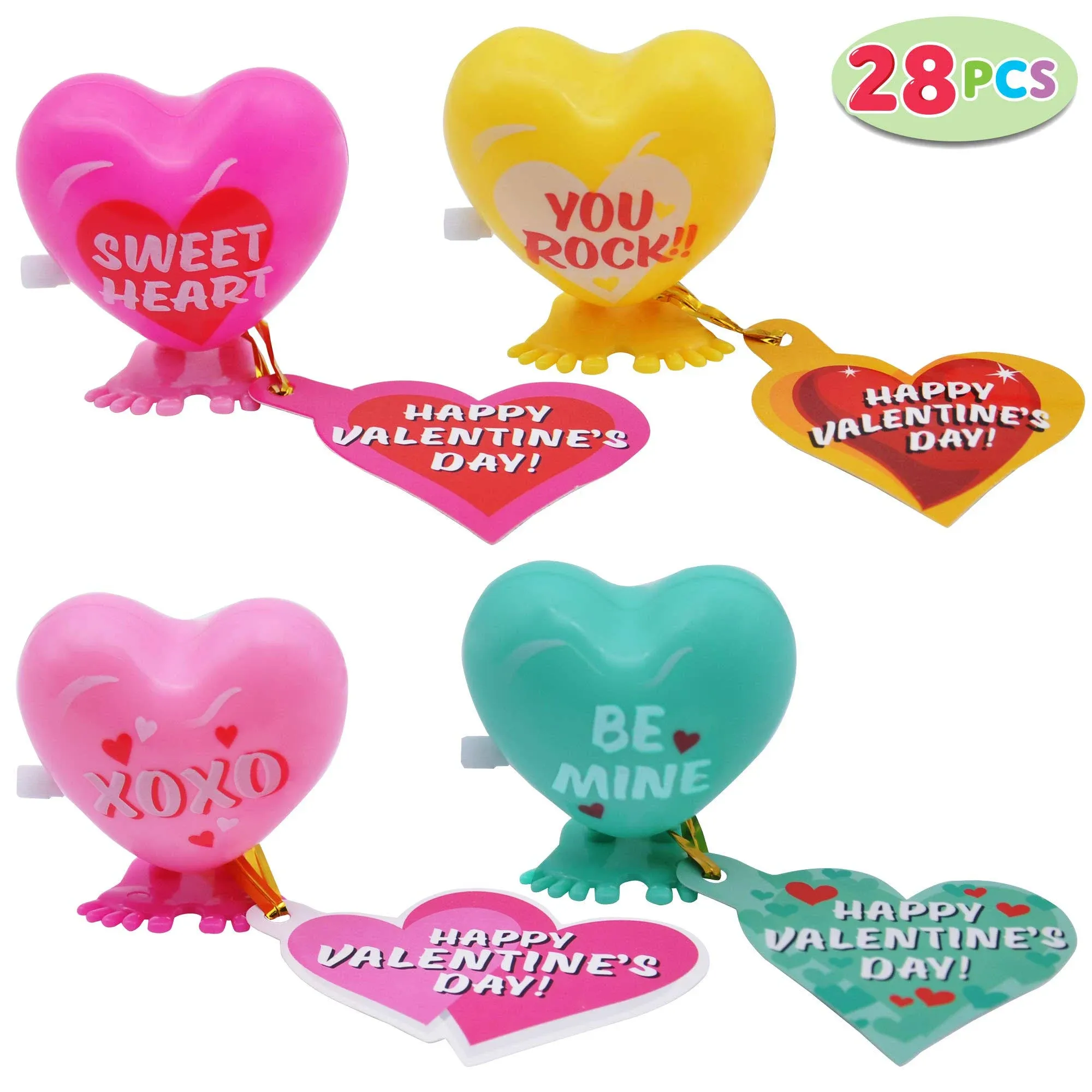 JOYIN 28 Pack Valentines Day Gift Cards with Gift Heart-Shaped Wind-up Toys ...