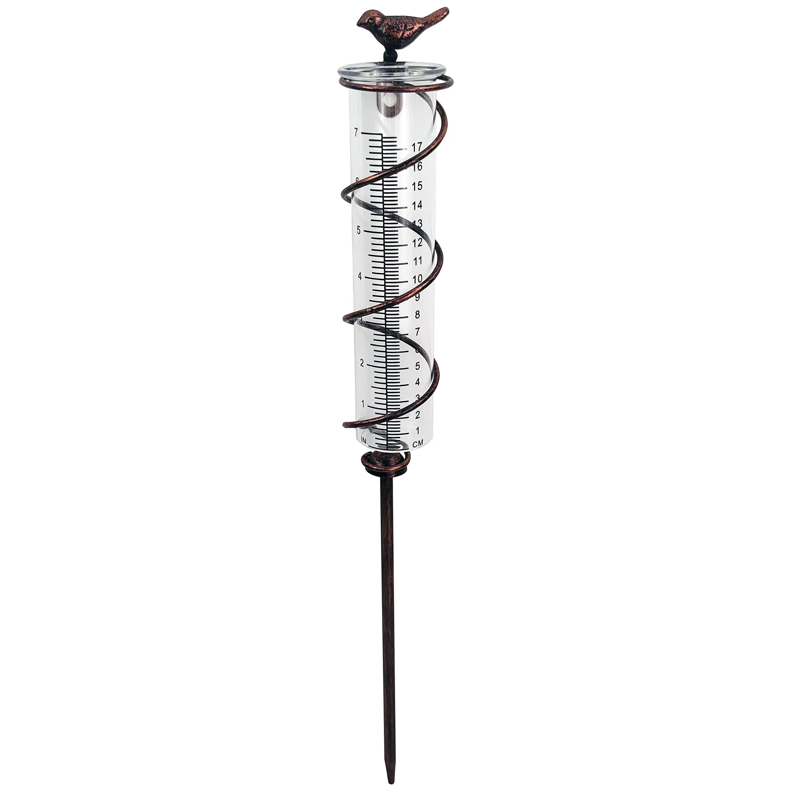 JOYBee 7inch Capacity Glass Spiral Rain Gauge,Cast Iron Bird Hanging Rain Gauge,Garden Rain Water Meter Measuring with Metal Frame,Decoration for Outdoor Garden Lawn Backyard