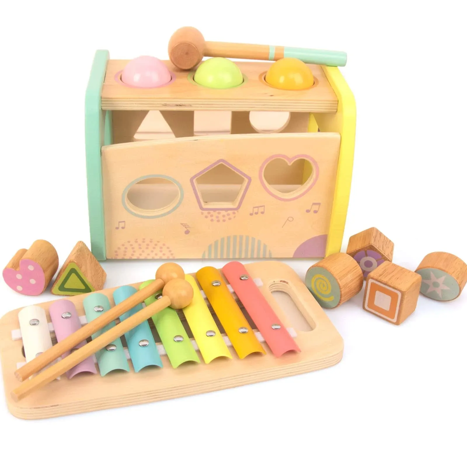 WOODENFUN Hammering Pounding Toys Wooden Educational Toy Xylophone Shape Sorter ...