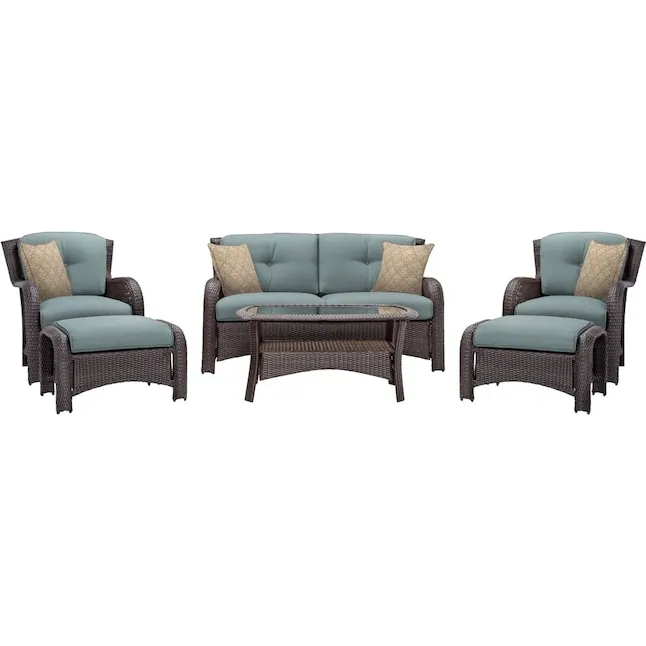 Hanover Strathmere 6-Piece Wicker Patio Conversation Set with Blue Cushions