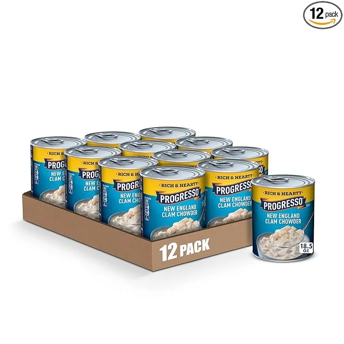 Progresso Rich & Hearty, New England Clam Chowder Soup, Gluten Free, 18.5 oz. (Pack of 12)