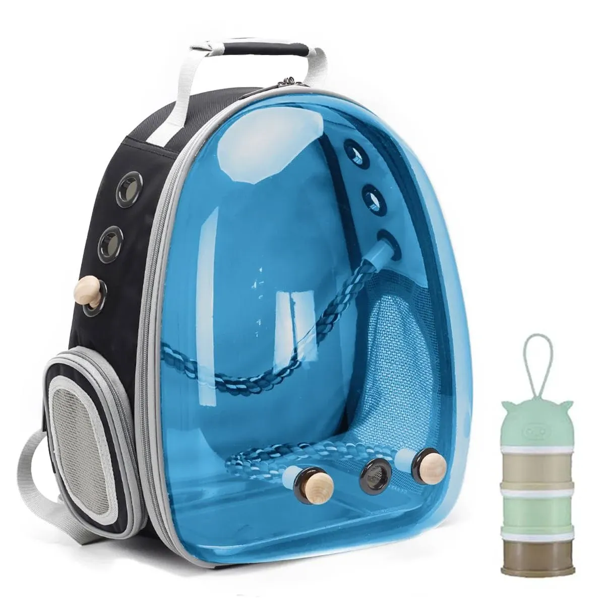 Bird Traval Carrier Cage, Polarized Tinted Blue Space Capsule Astronaut Backpack to Carry Parakeet Cockatiel Parrot with Metal Tray Wood Perch, Vet Transport School Bag