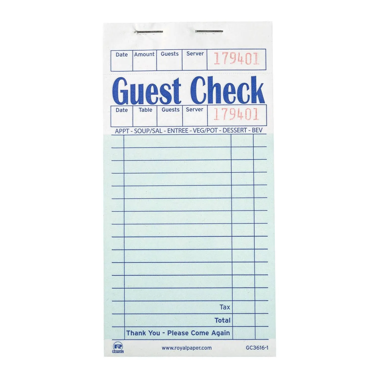 Royal Guest Check Paper 1 Part Booked 16 Lines Green