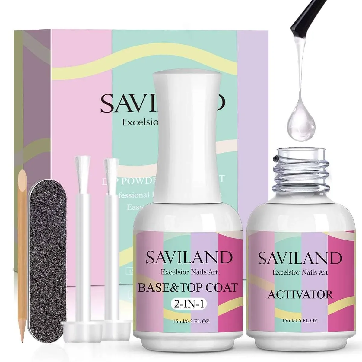 Saviland Dipping Powder Liquid Set - 2 in 1 Dip Powder Base & Top Coat with Activator 15ml/0.5oz Dip Nail Liquid Set for Dipping Powder Nail Kit, Fast Dry, No Nail Lamp Needed