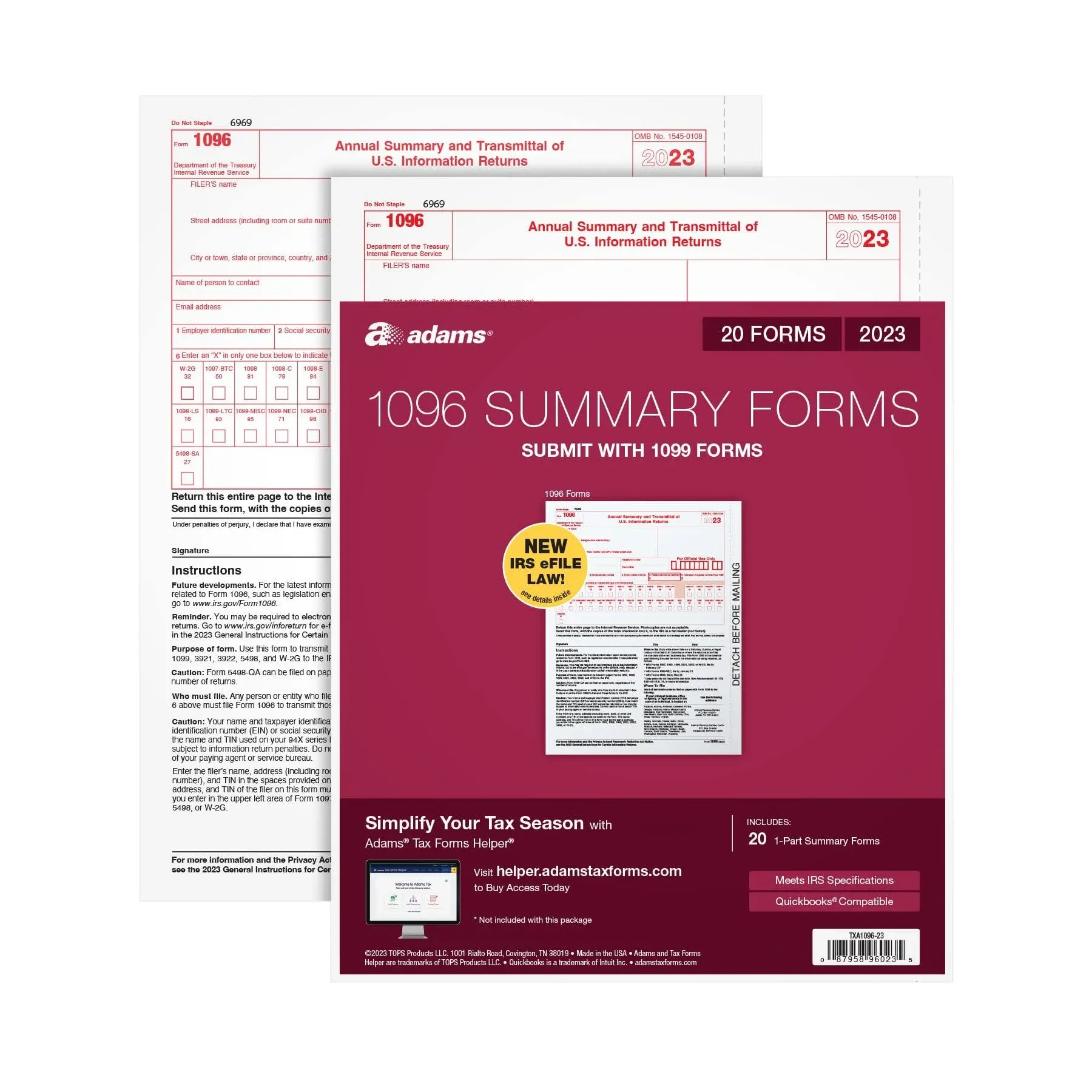 Adams 1096 Forms 2023, Summary Forms for IRS Information Returns, 1 Part Inkjet ...