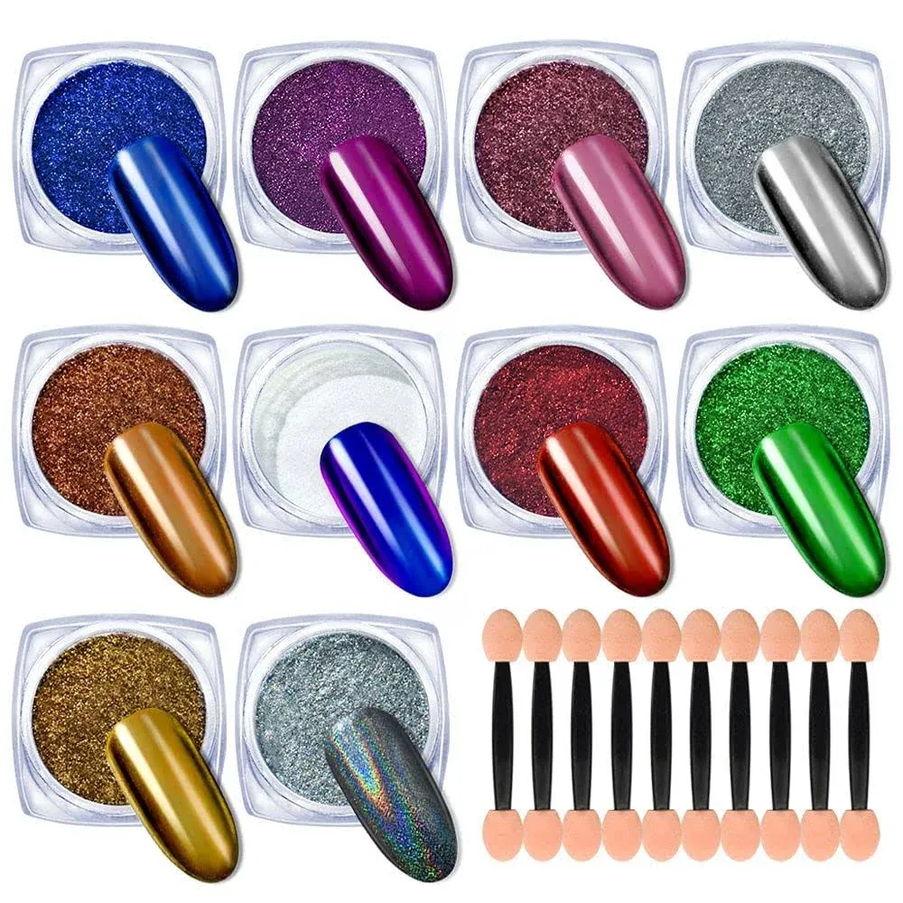 10 Jars Chrome Nail Powder Kit with Holographic Nail Powder/Chameleon Metallic Nail Pigments with Eyeshadow Applicators, Nail Art Glitters for Chrome Nail Polish Mirror Effect