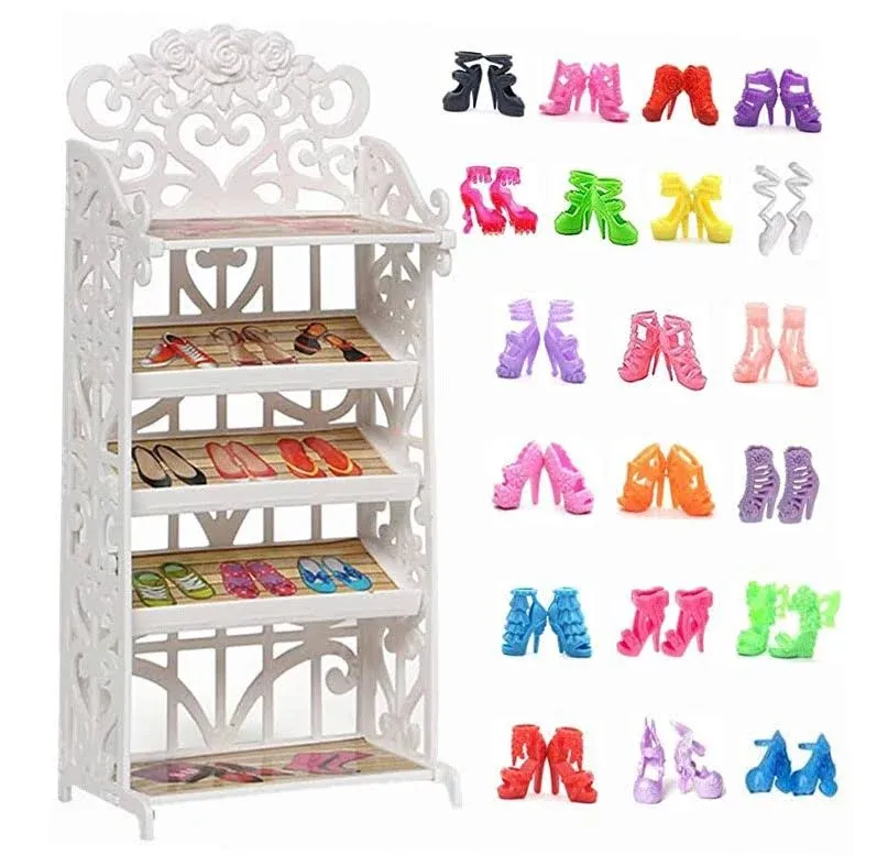 Doublewood 1 Doll Shoes Rack + 20 Pairs Doll Shoes Replacement Playset ...