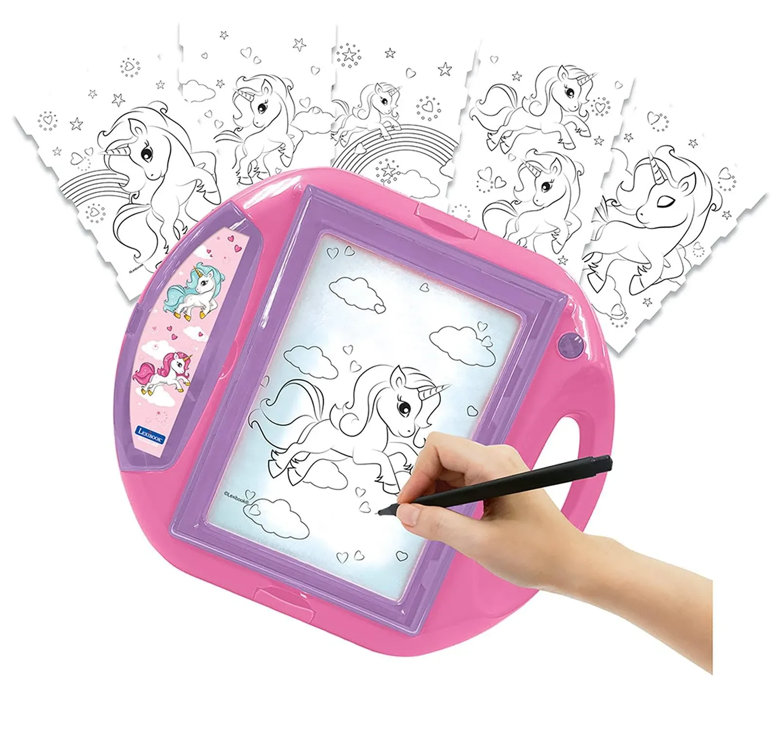 Lexibook, Unicorn Drawing Projector, 4 tampons, 10 templates, Lighting Screen, 1 Pen Included, Artistic and Creative Toy for Girls and Boys, Pink/Purple, CR310UNI