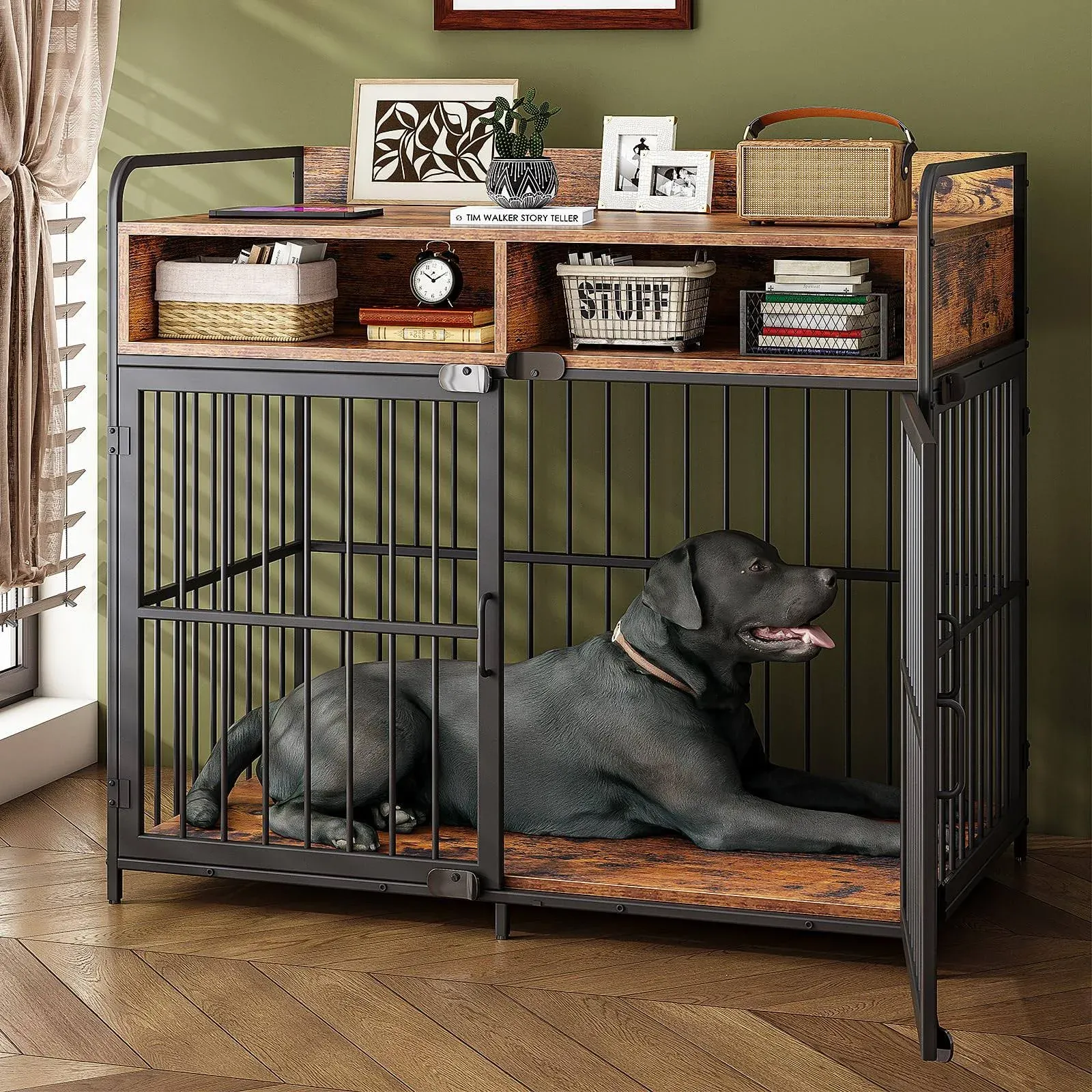 Saudism Large Dog Crate Furniture, Dog Kennel Indoor, Wood Dog Cage Table with ...