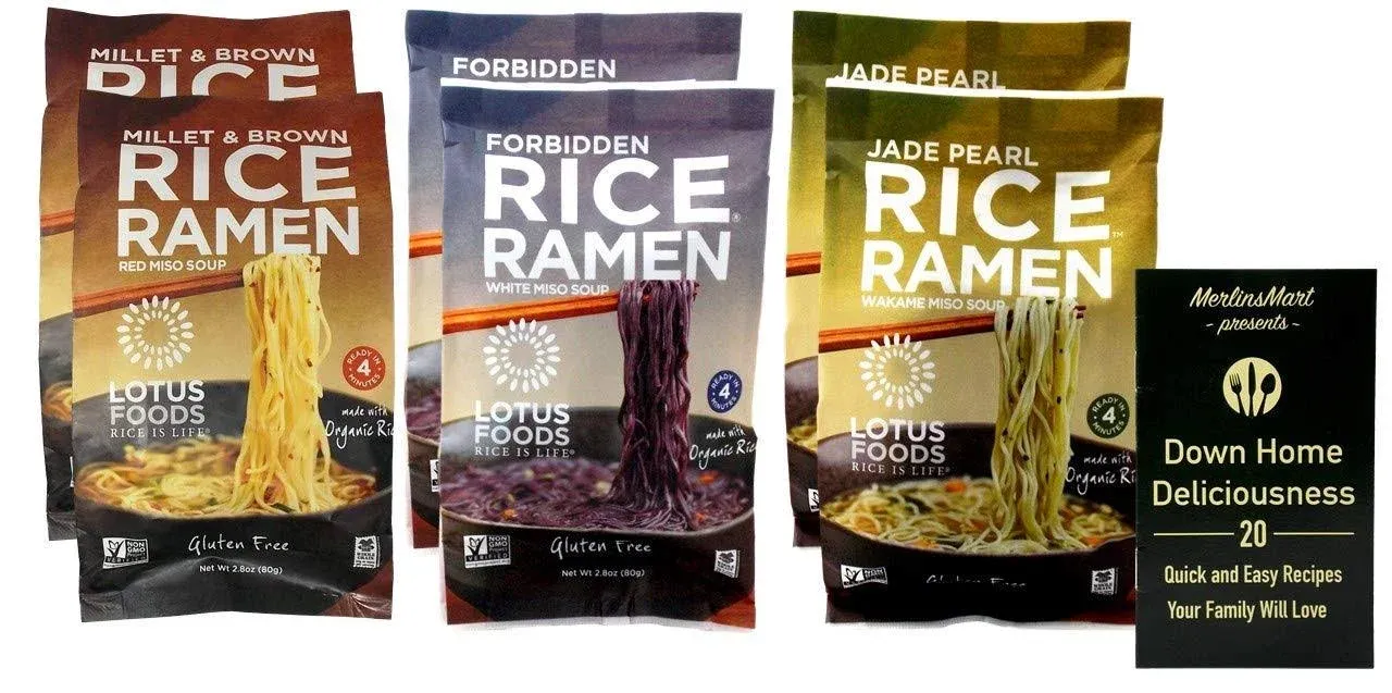 Lotus Foods Gluten Free Rice Ramen Noodle Soup | Vegan | 3 Flavor 6 Bag Variety (2) Each: Millet & Brown Rice Red Miso, Forbidden White Miso, Jade