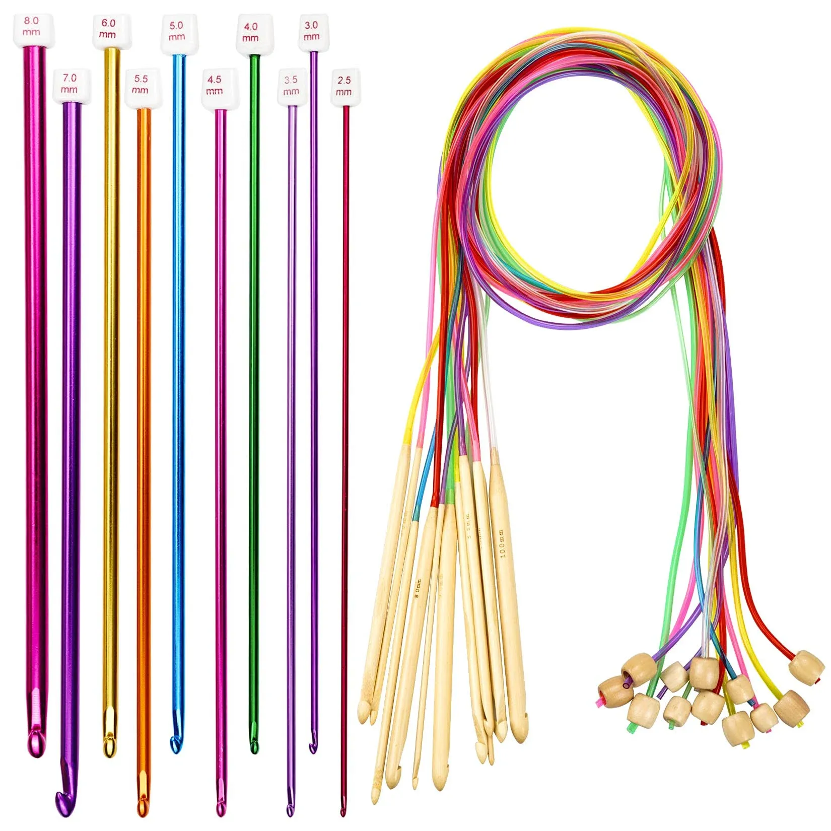 23 Pieces Tunisian Crochet Hooks Kit Including 12pcs 3-10 mm Bamboo Knitting Needle with Bead Carbonized Bamboo Needle + 11pcs 2-8 mm Multi Color Tunisian Afghan Aluminum Crochet Hooks