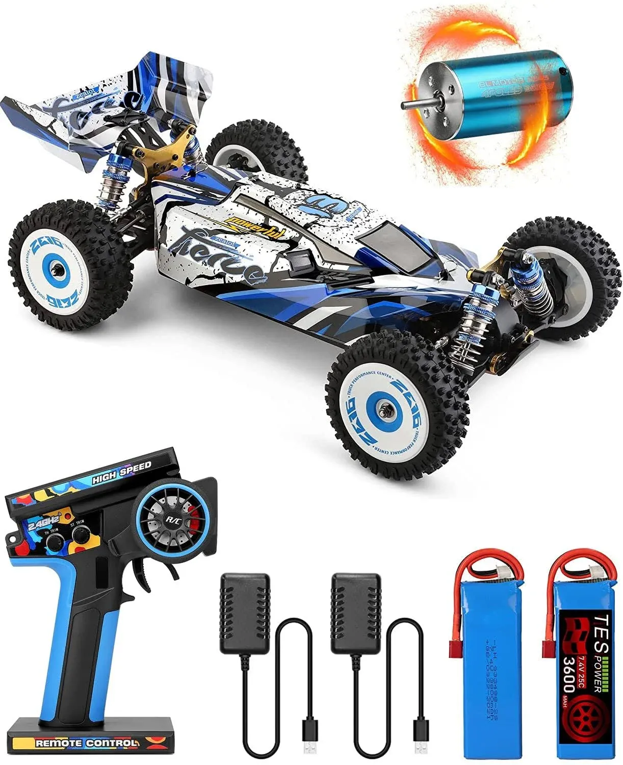 75KM/H Remote Control Car with Brushless Motor,Wltoys 124017 RC Car New V2 for Adults,Top Speed 4WD 1:12 Buggy with Metal Chassis,2 Battery 2 Charger,Gift for Boy (RTR)