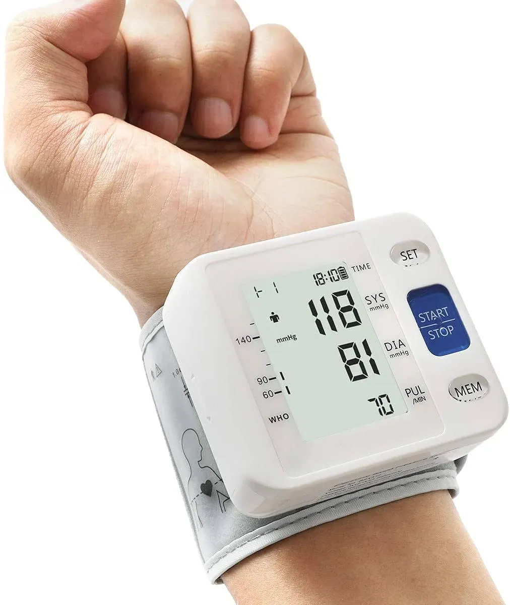 Blood Pressure Monitor - Wrist Accurate Automatic High Blood Pressure Monitors Portable LCD Screen Irregular Heartbeat Monitor with Storage Case and Adjustable Cuff Powered by Battery - White