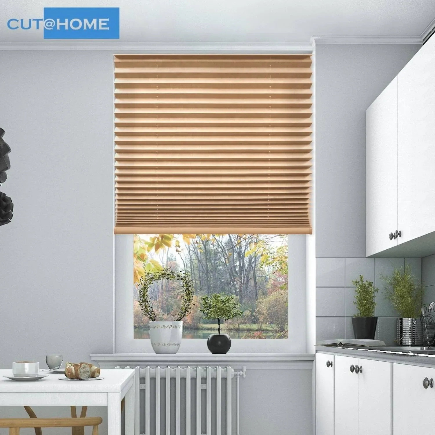 BlindsAvenue Cut@Home Pleated Shades, Lightfiltering Fabric - Fawn - 48"W x 64"L