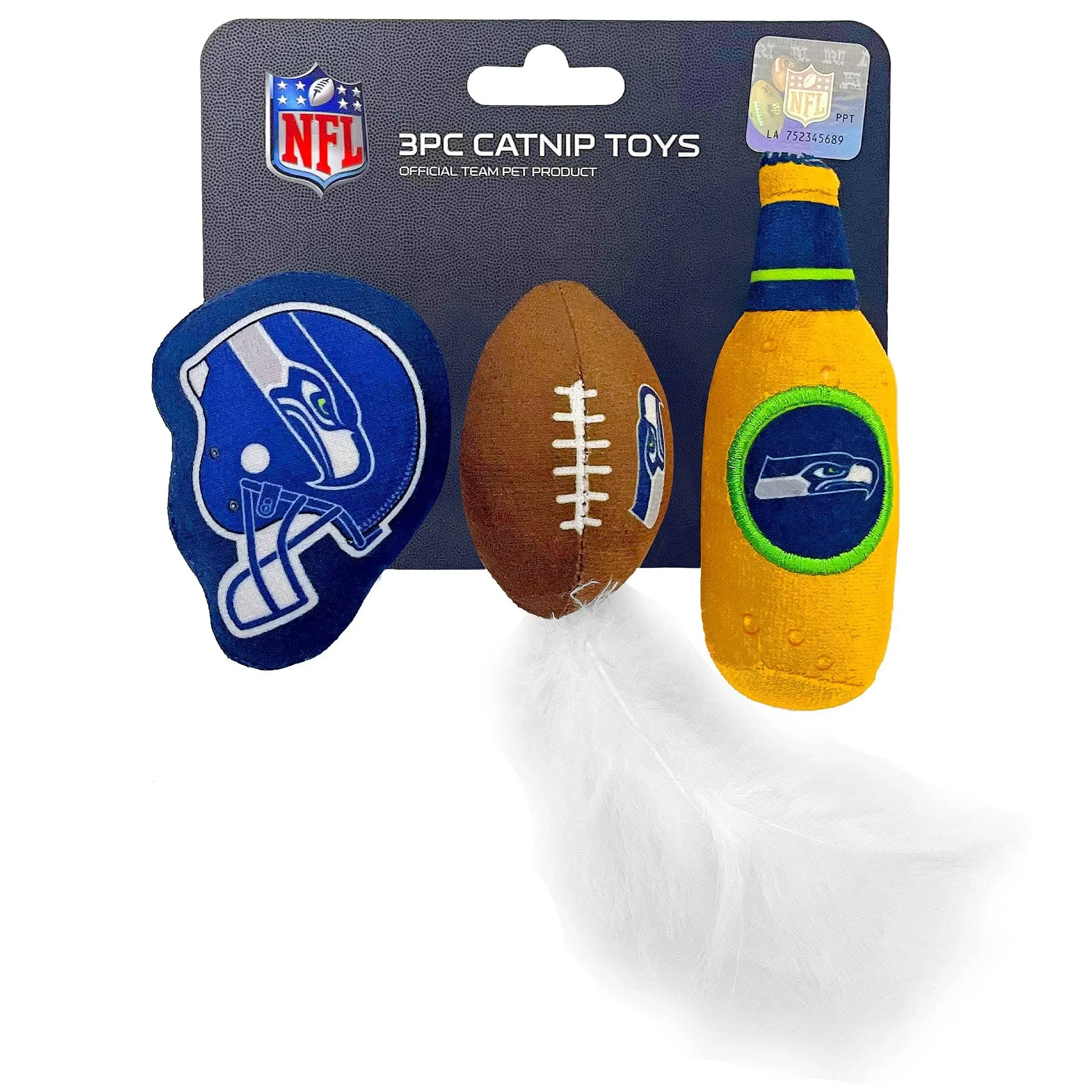 BEST PLUSH CAT TOY - NFL SEATTLE SEAHAWKS Complete Set of 3 piece Cat Toys filled with Fresh Catnip. Includes: 1 Helmet Cat Toy, 1 Football Cat Toy with Feathers & 1 Beer Bottle. Beautiful Team LOGOS