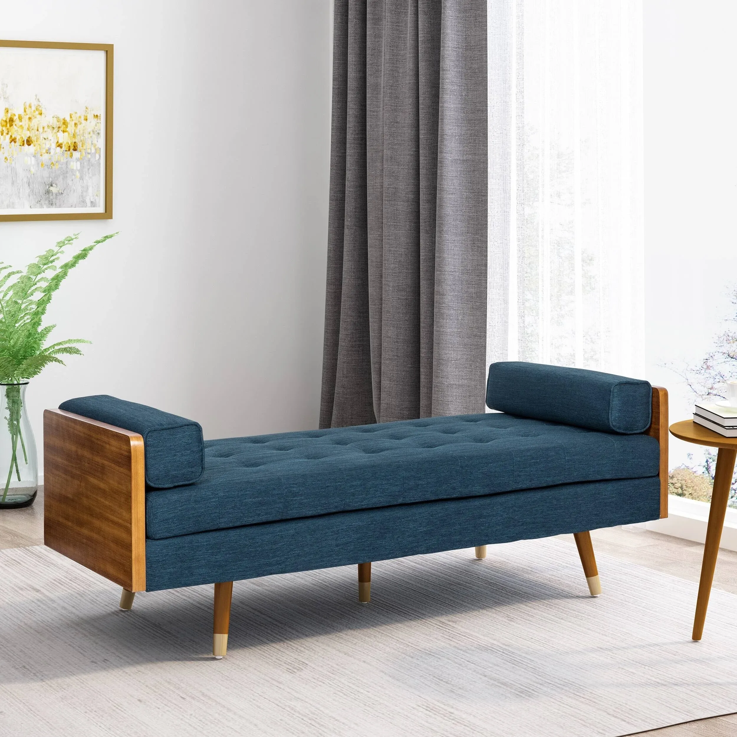 Christopher Knight Home Keairns Chaise Lounge, Navy Blue + Dark Walnut with Golden