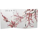 Red Lantern 2 ft. Short Double Sided Plum Blossom Canvas Folding Screen 3 Panel Freestanding Partition and Separator for Modern and Contemporary Bedroom, Home Office, Studio, Dorm, Apartment