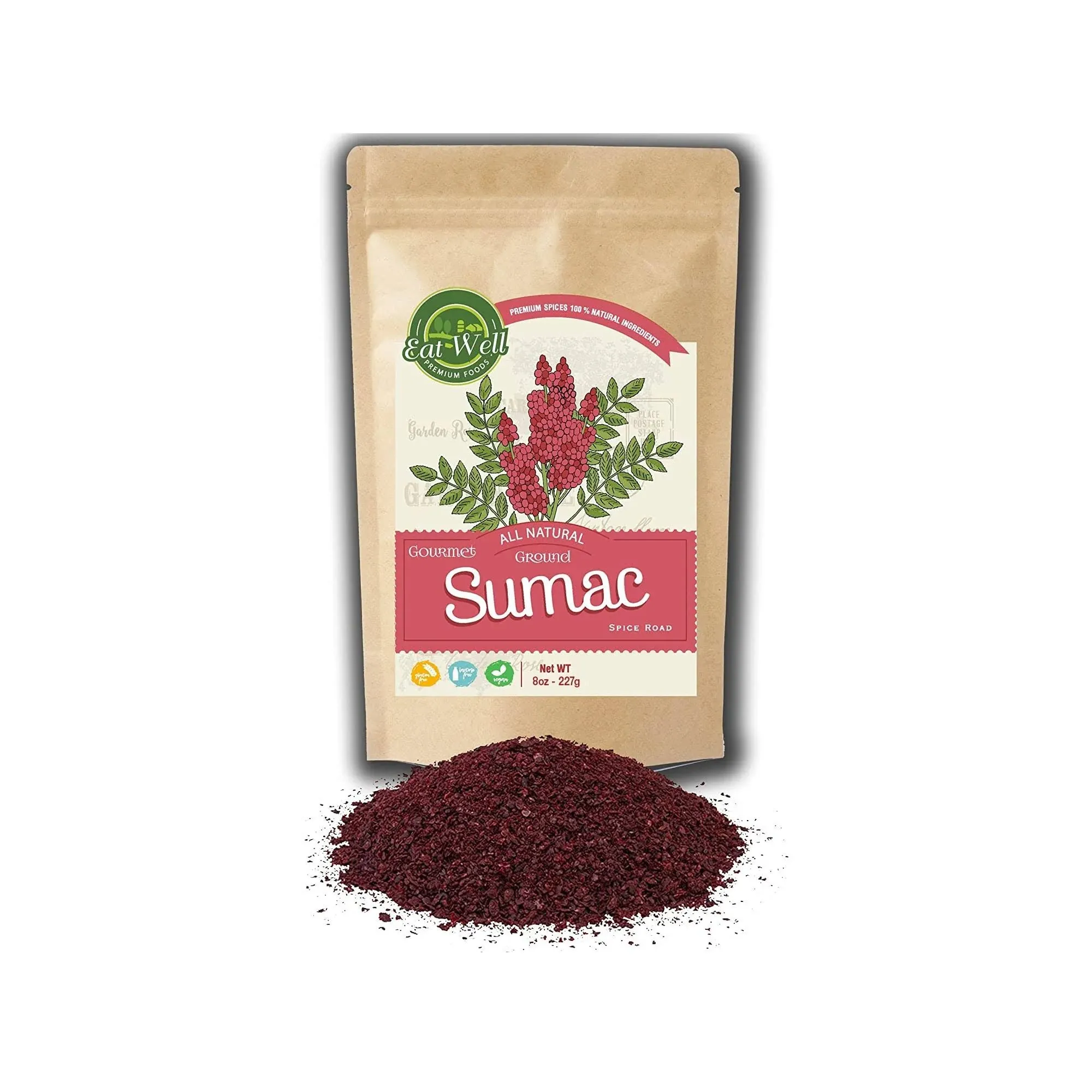 Eat Well Premium Foods Sumac Spice Powder 8 oz Ground Sumac Berries in Resealable Pack, 100% Natural Traditional Middle Eastern Spices, Sumac Seasoning with Pure Gourmet Ingredients for Cooking, Tangy and Citrusy