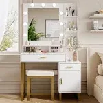 Xilingol Vanity Desk with Mirror & Lights, 37" Vanity Set with Mirror and Stool, Modern Makeup Table W/ 2 Drawers & Cabinet, Vanity for Makeup Room, Bedroom, WhiteXilingol Vanity Desk with Mirror & Lights, 37" Vanity Set with Mirror and Stool, Modern Mak