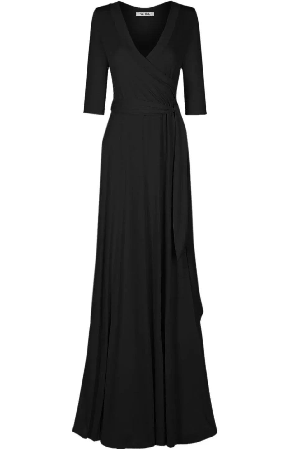 Bon Rosy, Women's, 3/4 Sleeve V-Neck Solid Maxi Wrap Dress, Black, L, Size: Large