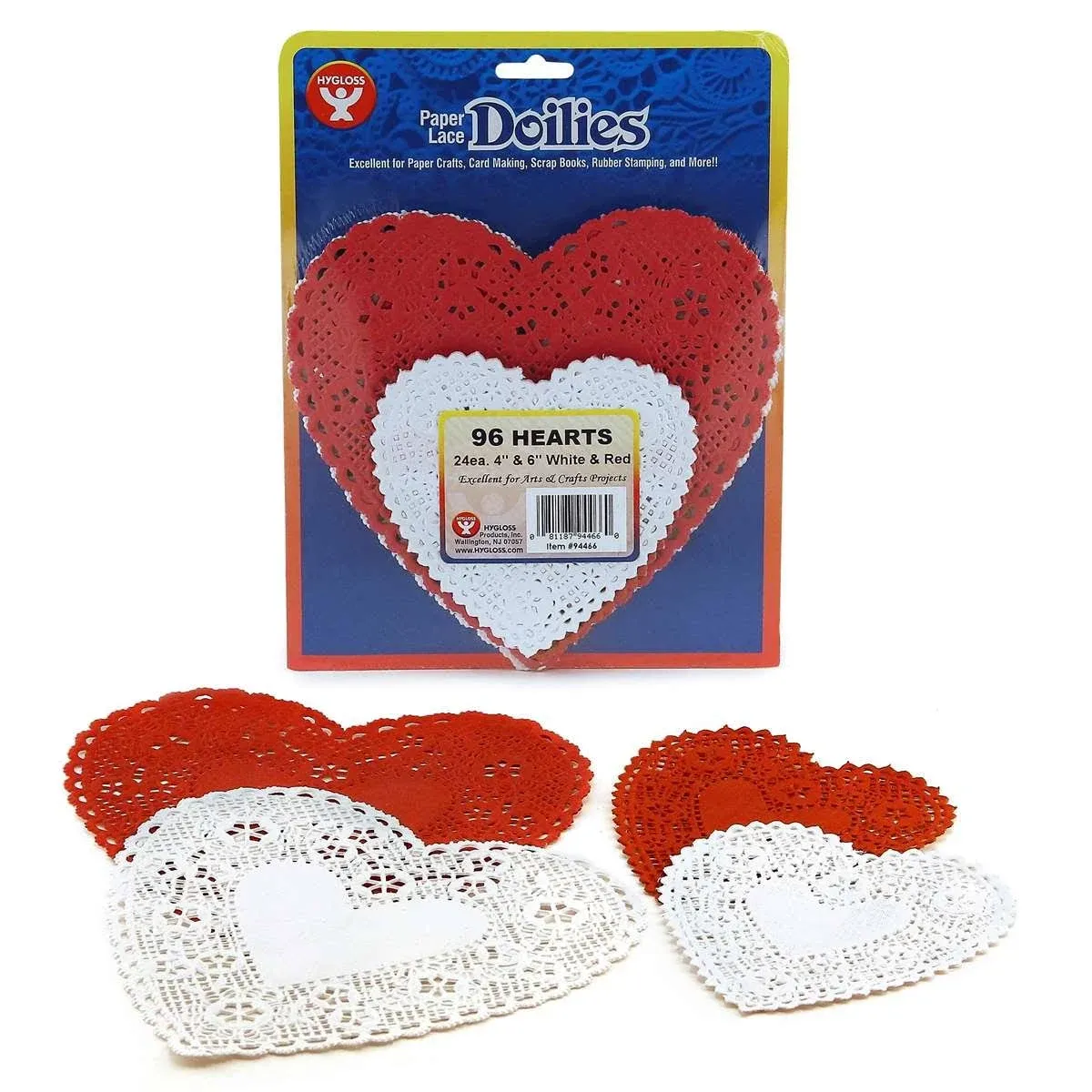 Doilies, White + Red Hearts, 4in + 6in, PK288