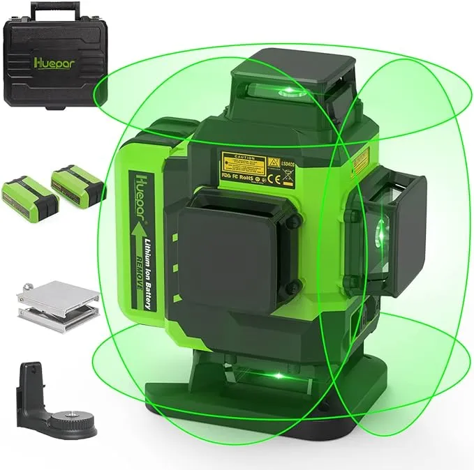 Huepar 3 x 360 Cross Line Laser Level 3D Green Beam Three-Level Leveling and Alignment Self-Levelling Laser Tool, 2 Li-ion Batteries with Type-C Charging Port LS03CG