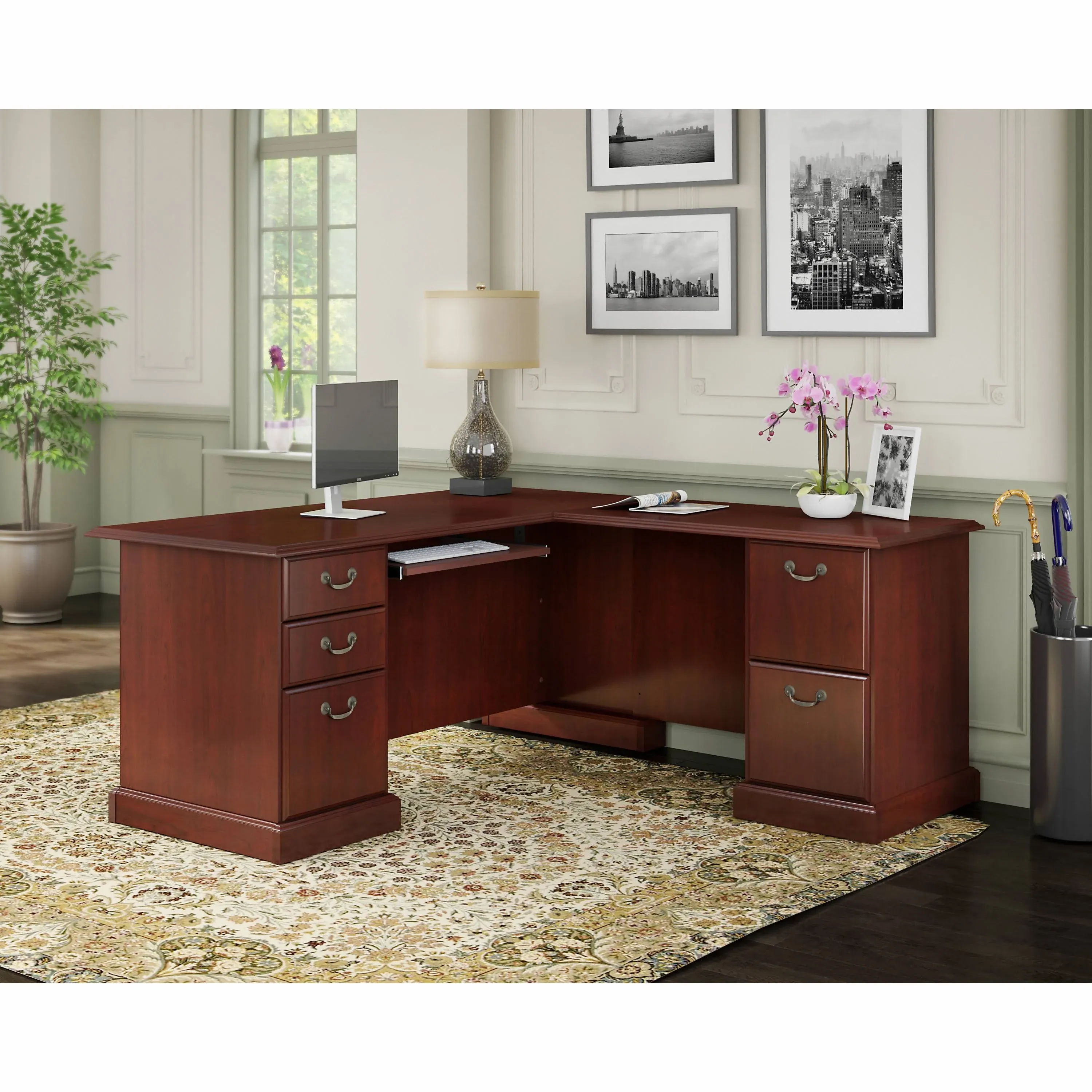 kathy ireland® Home by Bush Furniture Bennington L Shaped Desk, Harvest Cherry (WC65570-03K)