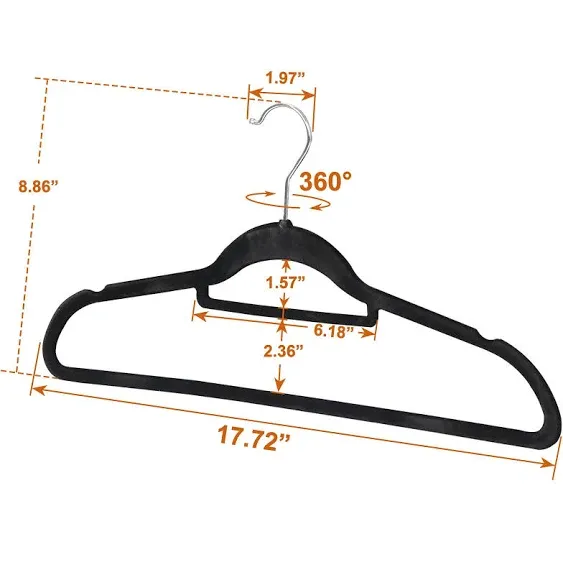 HomGarden 100 Pack Black Clothing Velvet Hangers - Non-Slip & Space-Saving, 360° Swivel Hook W/ Accessory Bar