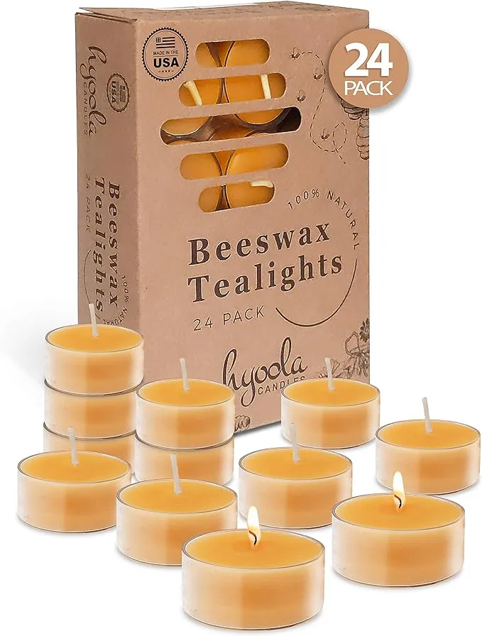 Pure Beeswax Tea Lights - 24 Pack - Handmade Decorative Unscented - Tealight