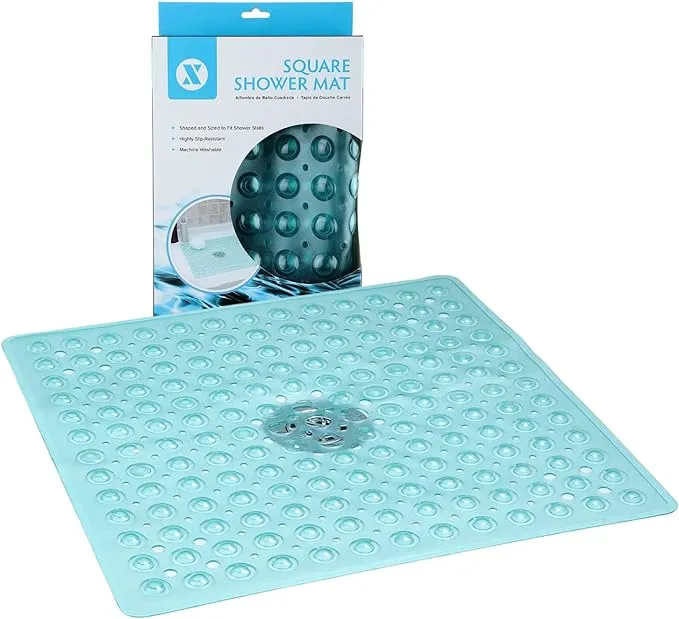 SlipX Solutions Essential Square Shower Mat, 21"x21", Grippy Textured Surface, 25% Stronger Suction Cups, Non-Slip Shower Floor Mat for Bathers of All Ages, Fits Standard Shower Stalls & Tubs, Aqua