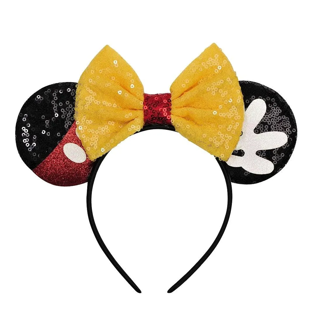 Mouse Ears Headband, Extra Thick & Soft Ear Headband for Adult Women Grils, Sequin Shiny Bow Headband for Cosplay Party Trip Hair Decorations (TS Yellow)