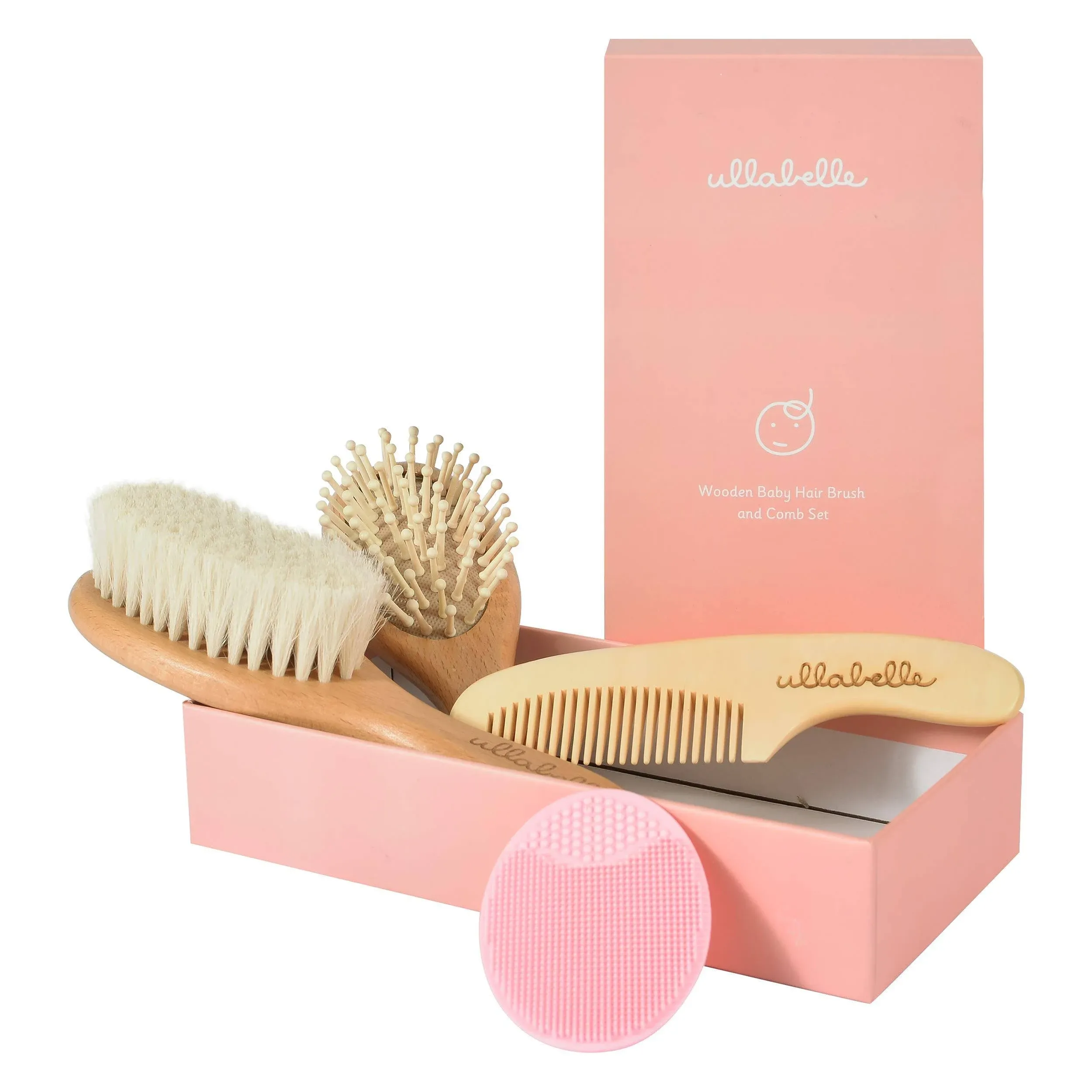 Ullabelle 4 Piece Wooden Baby Hair Brush and Comb Set for Newborns & Toddlers in Chic Gift Box - Ultra Soft Natural Goat Hair