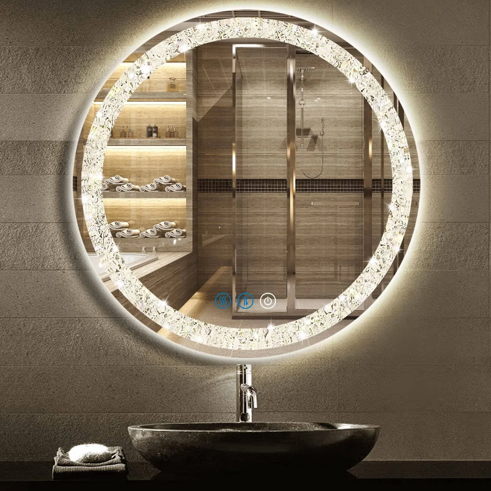 DIDIDADA Crystal Round Bathroom Vanity Mirror with Lights 3 Color 20 inch Crystal ...