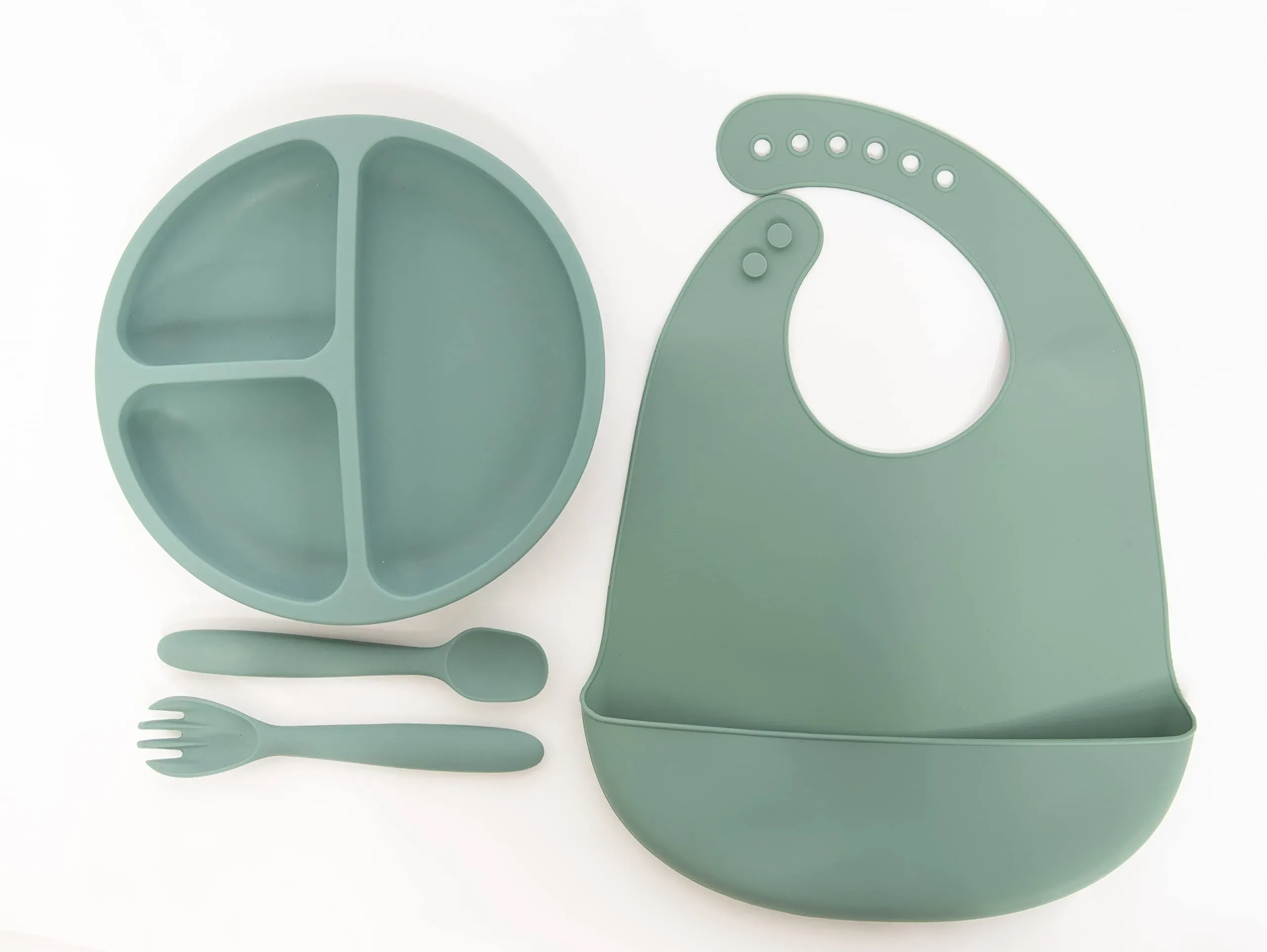 Lila & Jack's Baby Feeding Set, BPA Free, Food Grade Silicone Dinner Plate and Cutlery Set, Learn to Eat on Your Own, Set Includes Spork, Spoon, Bib and Plate (Green), (AT1747)