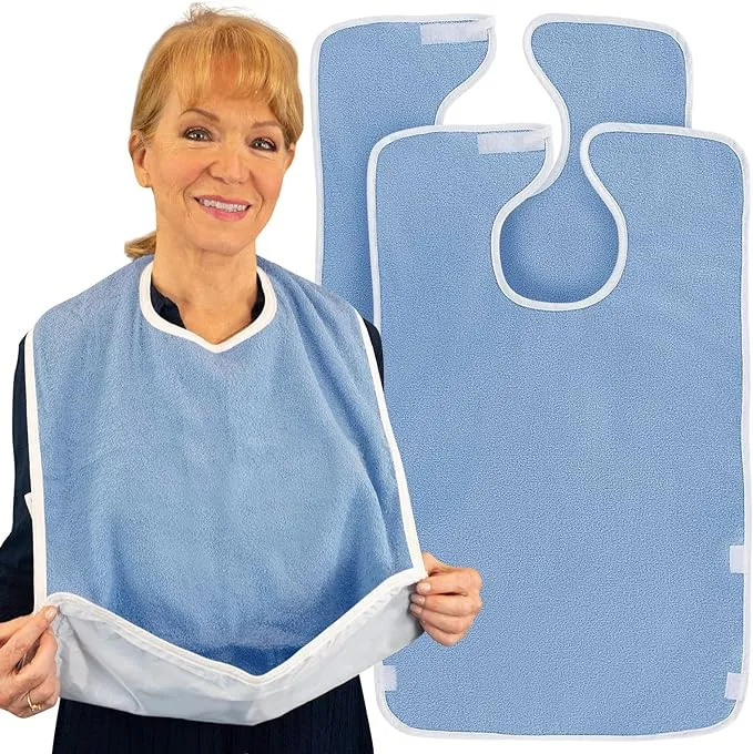 Vive Adult Bibs - Waterproof Apron Set for Men, Women for Eating with Adjustable Strap - Washable Reusable Large Terry Cloth