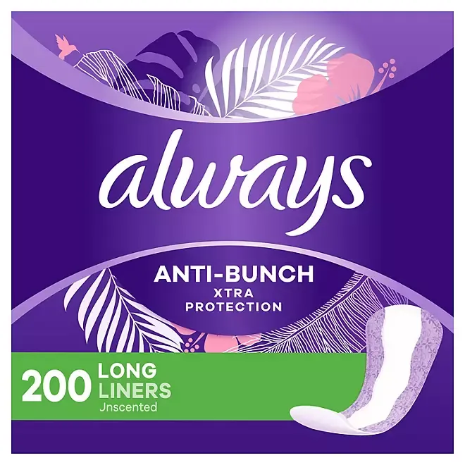 Always Anti-Bunch Xtra Protection Daily Liners, Long, Unscented (200 Count)