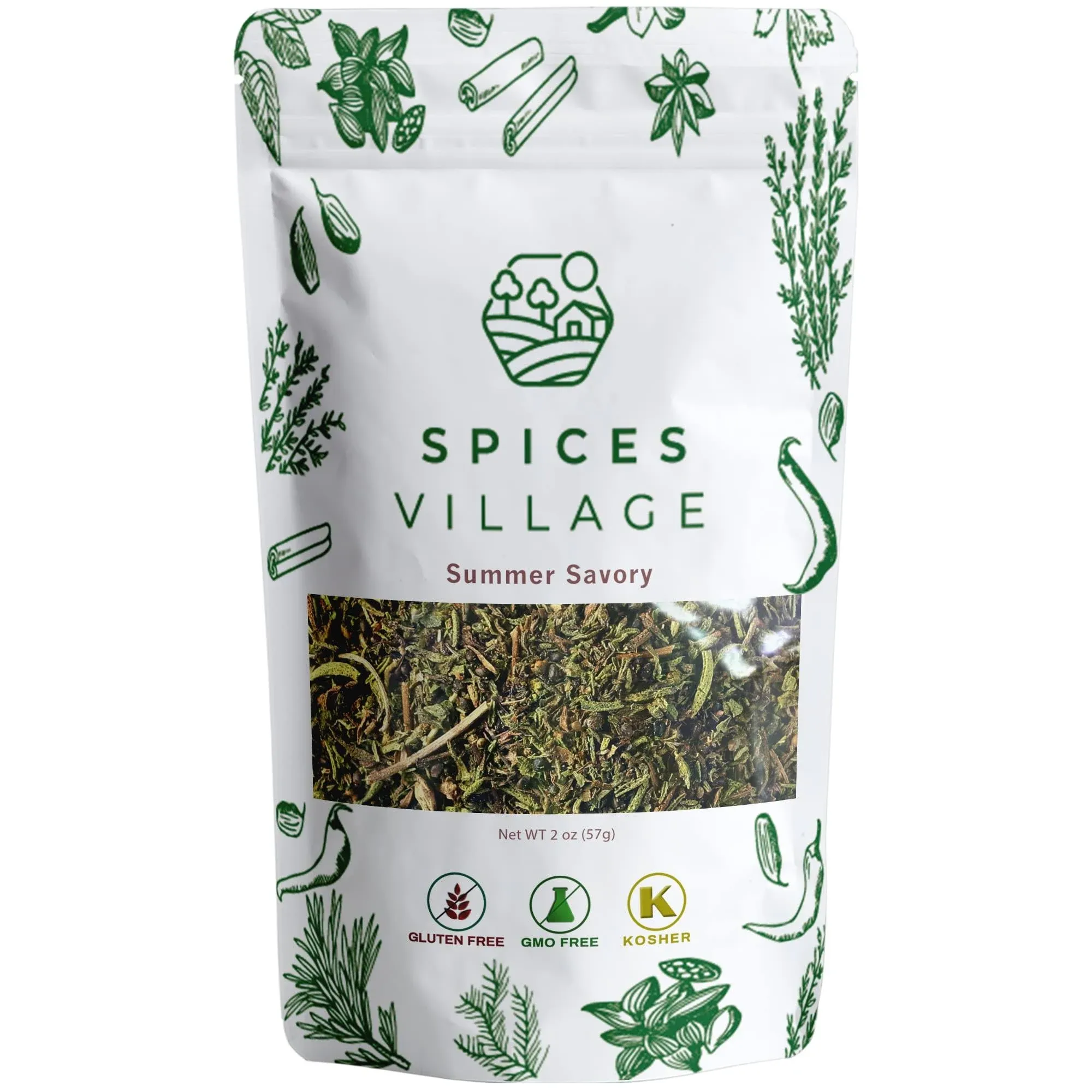 SPICES VILLAGE Summer Savory Spice, Natural Dried Summer Savory Leaves for Cooking and Herbal Tea, 2 oz, Pure Mediterranean Seasoning, Kosher, Gluten Free, Vegan, Non GMO, Resealable Bulk Bag