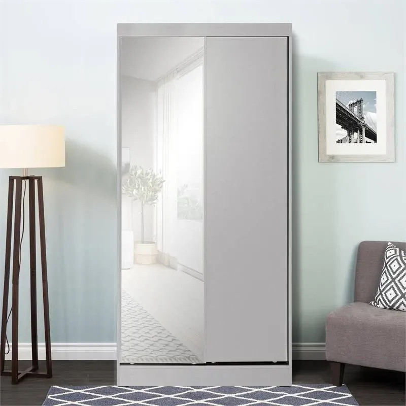 Better Home Products Mirror Wood Double Sliding Door Wardrobe Light Gray