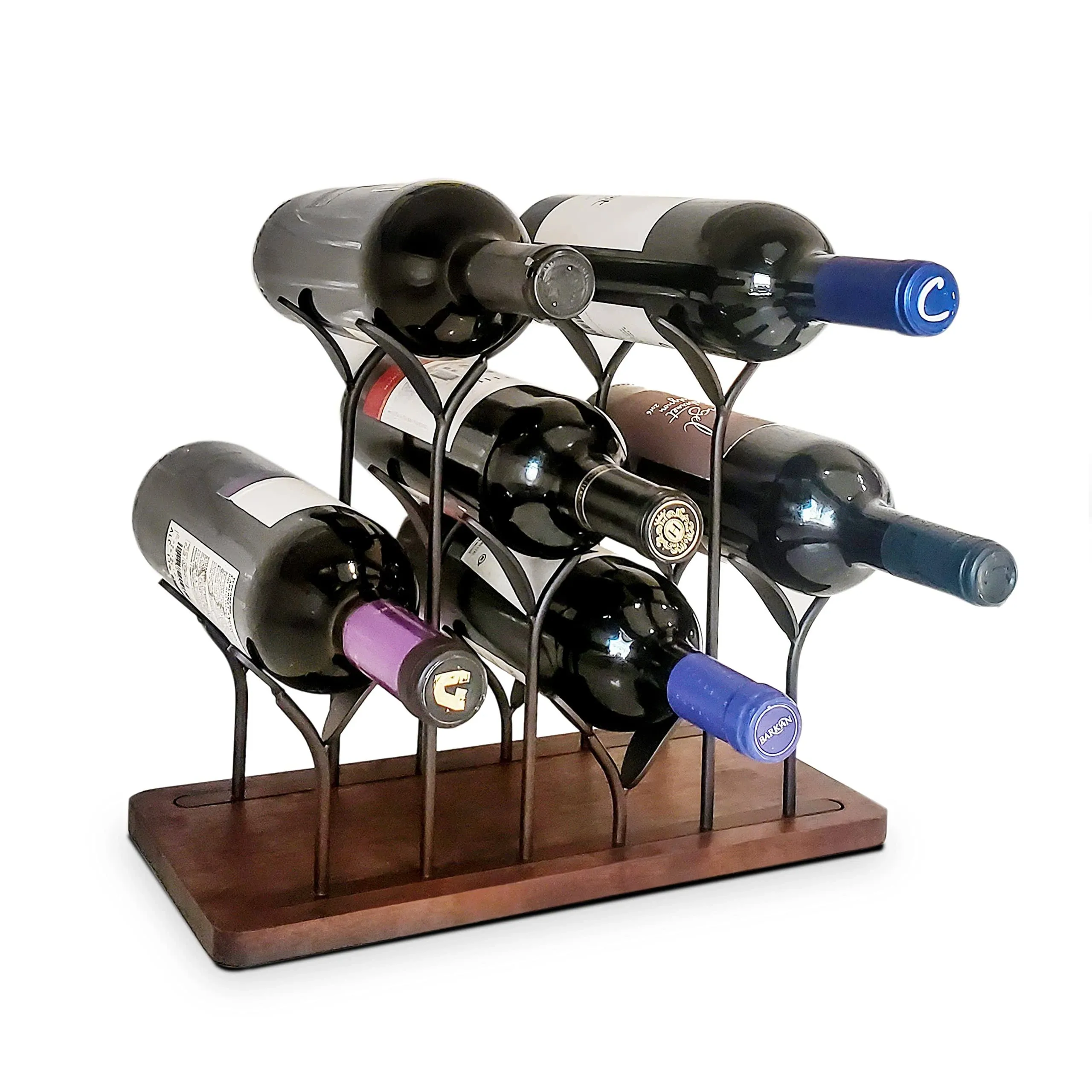 Kovot Tabletop Bottle Rack, 6 Wine Bottle Holder, Dark Brown Wood Base with Black ...