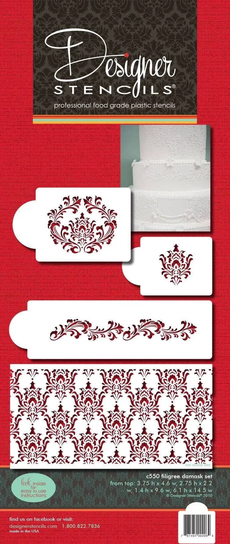 Designer Stencils C550 Filigree Damask Cake Stencil Set, Beige/semi-transparent