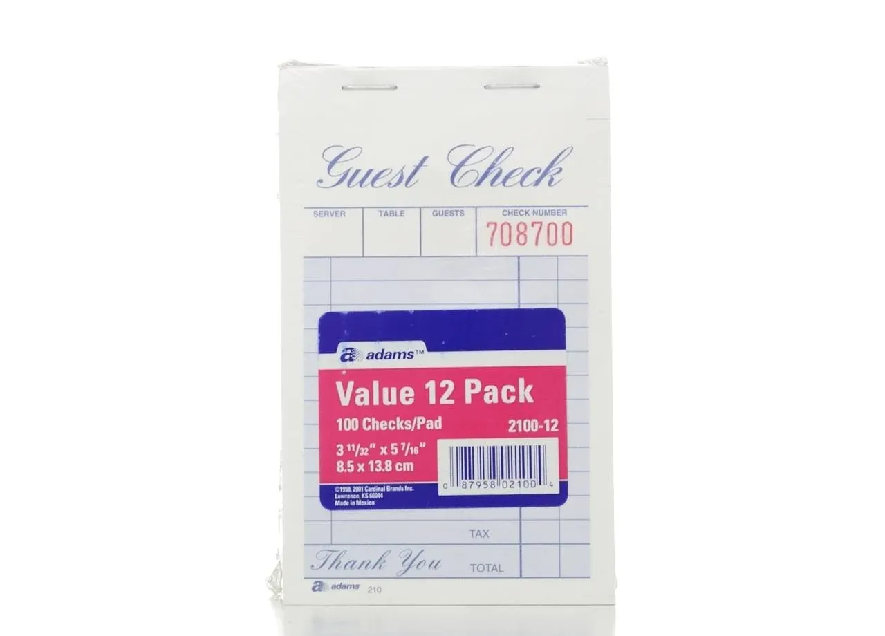 Adams Guest Check Pad, Single Part, White, 3-11/32" x 5-7/16", 100 Sheets/Pad, 12 Pads/Pack (2100-12)