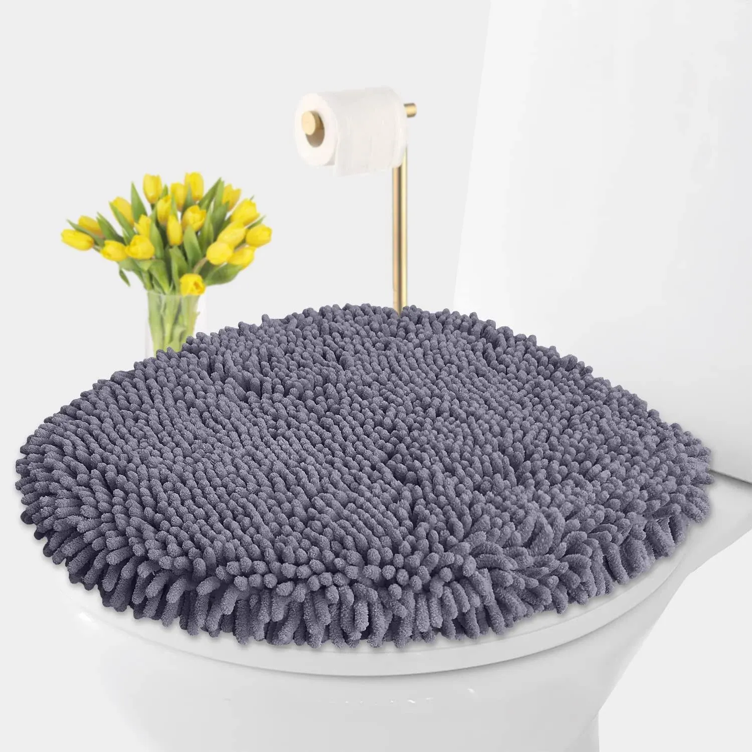 LuxUrux Toilet Lid Cover Extra-Soft Plush Seat Cloud Washable Shaggy Microfiber ...